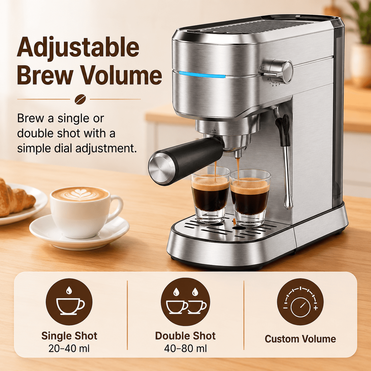 NICWIN Espresso Machine 15 Bar Compact Espresso Maker with Milk Frother Wand, 1350W Fast Heating Stainless Steel Coffee Machine for Espresso, Latte, Cappuccino, 7.3 Inch Wide