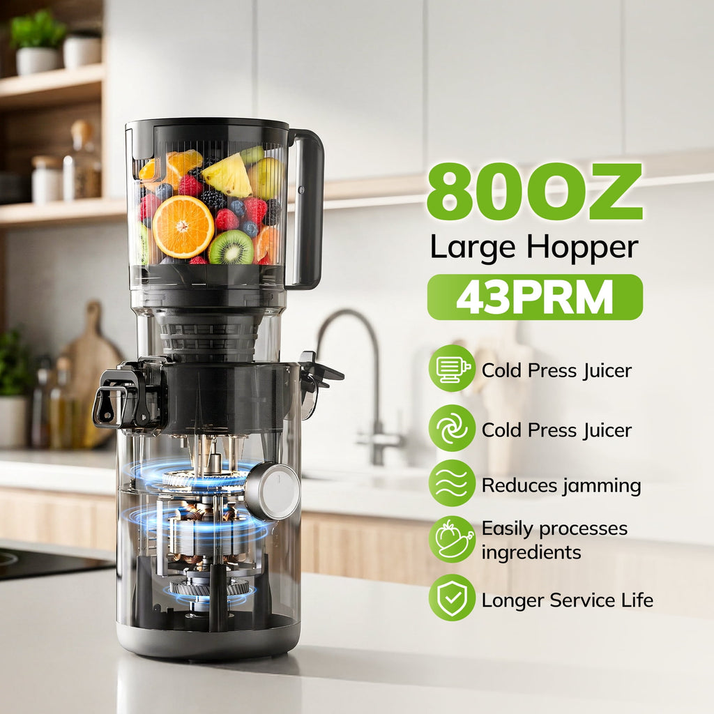 Cold Press Juicer, 5.4" Large Feed Chute Slow Masticating Juicer, High Juice Yield, Ultra Quiet, Easy Clean, BPA Free, Ideal Self-Feeding Juicer for Whole Fruits & Vegetables, Gray
