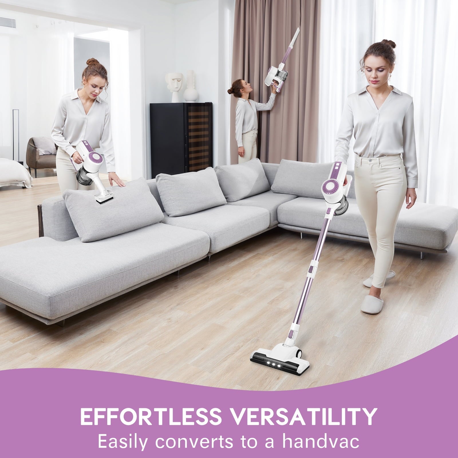 MOOSOO Stick Vacuum Cleaner, 6-in-1 Lightweight Cordless Vacuum for Hard Floor Carpet Pet Hair, L12 Pink