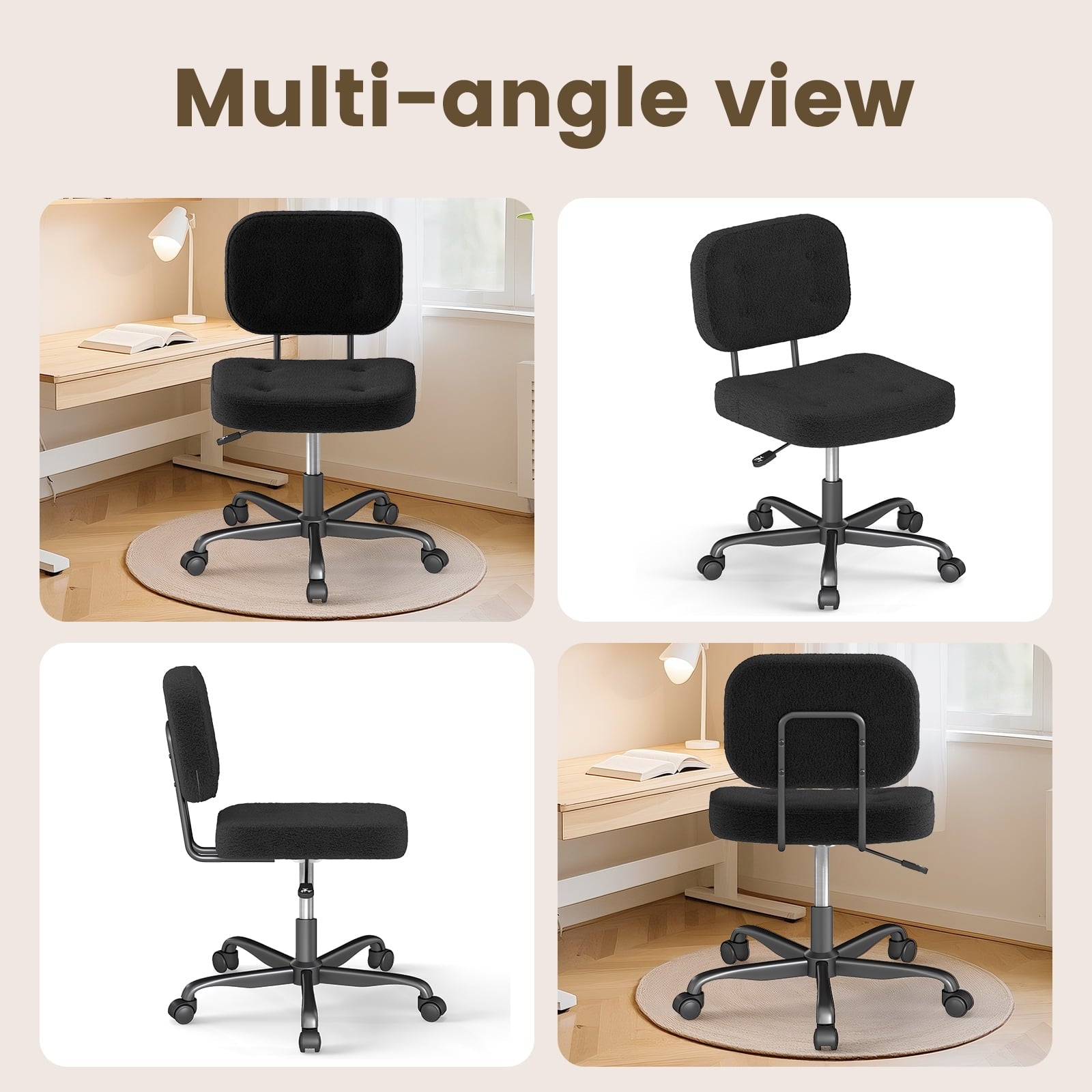 YERAIRR Armless Office Chair with Wide Seat,Teddy Fleece Fabric Home Computer Desk Chair Thickened Cushion Swivel Vanity Chair Black