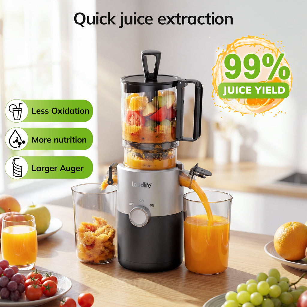 Cold Press Juicer, 5.4" Large Feed Chute Slow Masticating Juicer, High Juice Yield, Ultra Quiet, Easy Clean, BPA Free, Ideal Self-Feeding Juicer for Whole Fruits & Vegetables, Gray