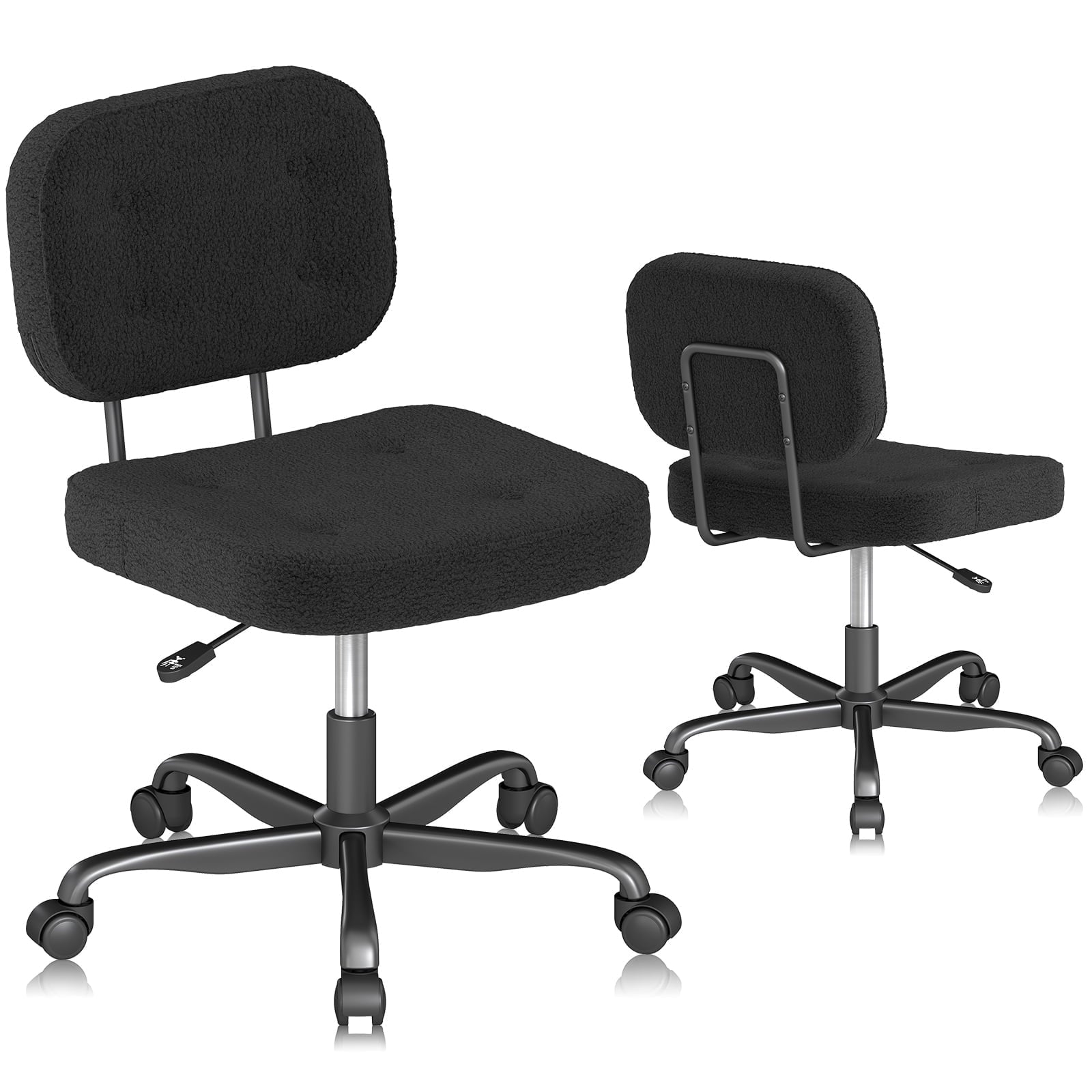 YERAIRR Armless Office Chair with Wide Seat,Teddy Fleece Fabric Home Computer Desk Chair Thickened Cushion Swivel Vanity Chair Black